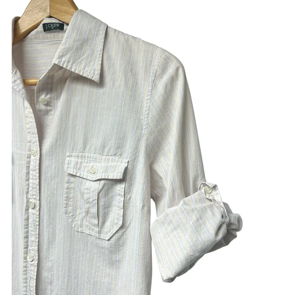 J Crew Sz Small Medium White Vertical Pastel Pinstripes Button Up Cotton Blouse